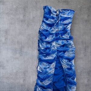 Blue Marble Print Ruched Strapless Maxi Dress